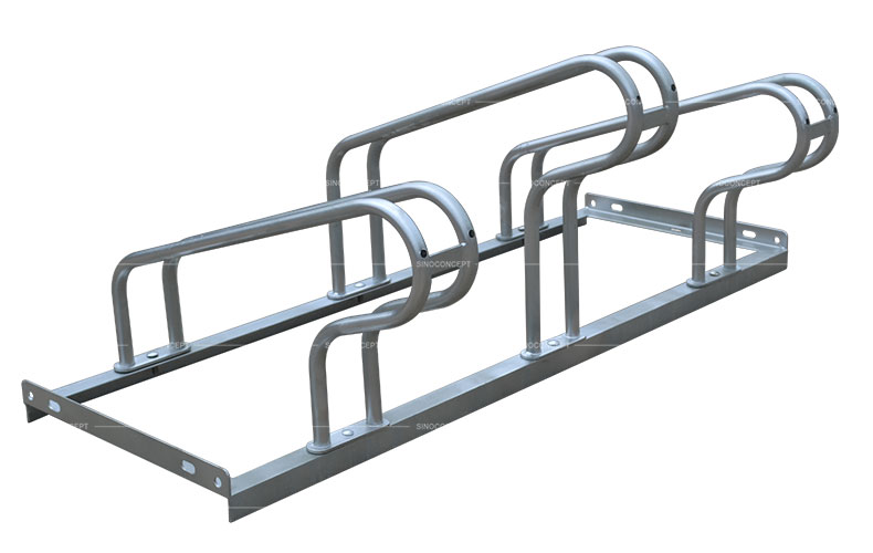 Floor bike rack 2000 also called floor mounted bike stand made of steel with three spaces for outdoor cycle parking management
