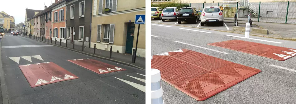 Europe rubber speed cushions installed on the ground for traffic management.