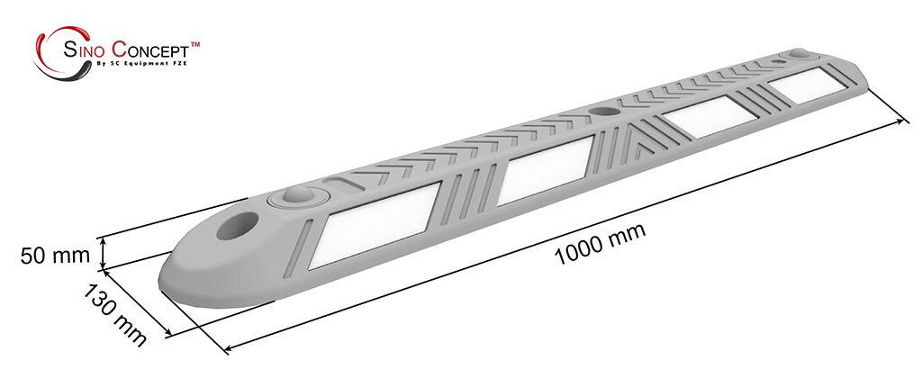 3D drawing of Sino Concept rubber lane dividers with anti-slip arrow surface design, road studs design and white reflective films