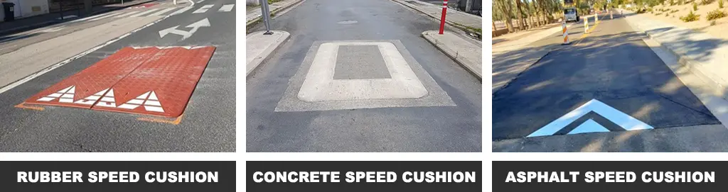 A red rubber speed cushion, a concrete speed cushion, and a black asphalt speed cushion with white markings as traffic-calming measures.
