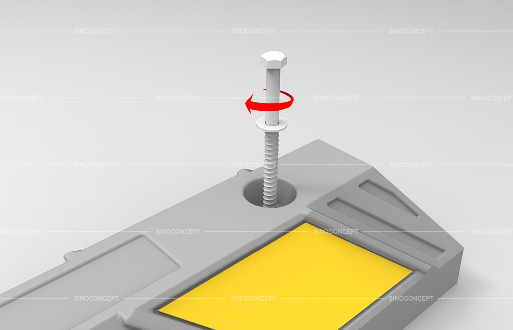 3D drawing of demonstrating how to install the rubber wheel stop with screws