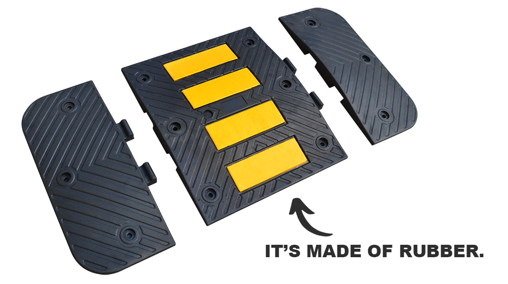 Rubber road hump composed of a middle part and two end parts used for traffic calming purpose