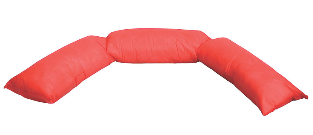 Three red sandbags are manufactured by Screwfix to stop flooding