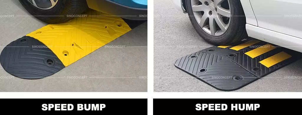 A black and yellow speed bump and a black speed hump with yellow reflective films.