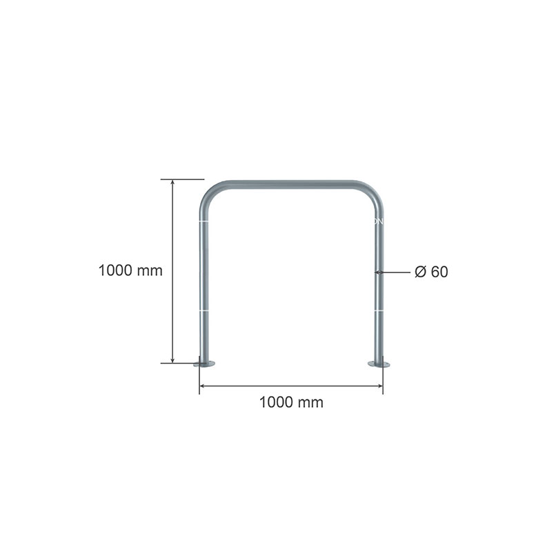 Drawing of surface-mounted hoop barrier 1000 type without crossbar showing dimensions.