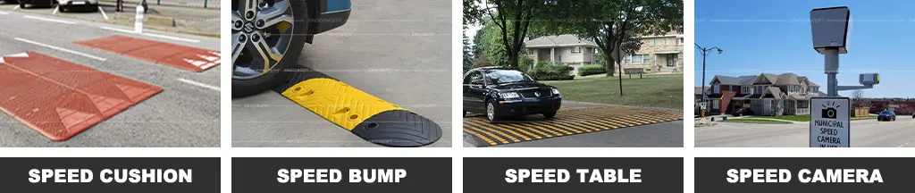 Two red rubber speed cushions, a black and yellow speed bump, a black and yellow speed table, and a speed camera as traffic-calming measures.