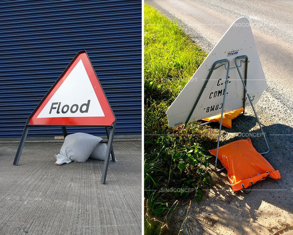 Two kinds of sandbags coloured separately in white and orange with different materials to hold down traffic signs