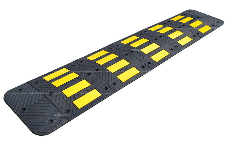 Traffic speed hump also called speed hump made of black rubber and yellow glass bead reflective tapes for traffic calming purpose