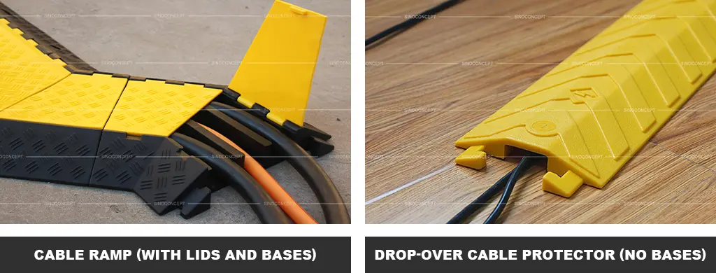 A 3-channel cable ramp with black bases and yellow lids, and a yellow drop-over cable protector made of PU.