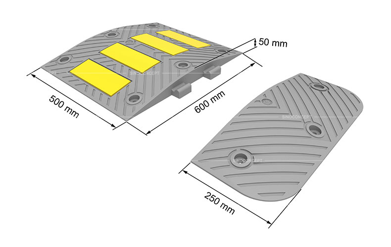 3D drawing showing dimensions of 600mm type rubber road hump made of black and yellow vulcanized rubber for traffic calming