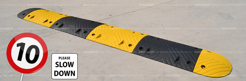 Rubber safety speed bump also called speed ramp made of vulcanized rubber coloured in black and yellow