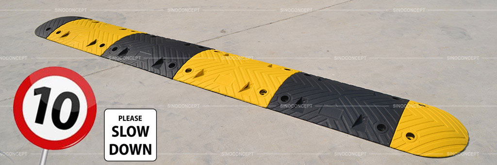1-rubber-safety-speed-bump Rubber safety speed bump also called speed ramp made of vulcanized rubber coloured in black and yellow