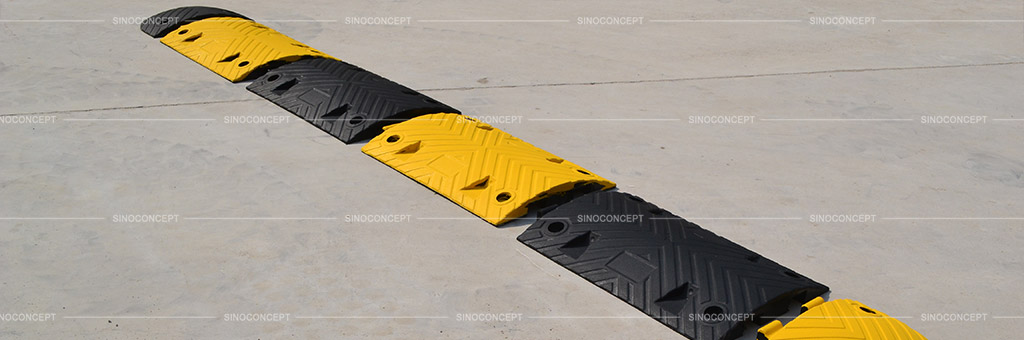 Speed bump also called rubber speed ramp built with several parts, connected by a strong inter-locking system