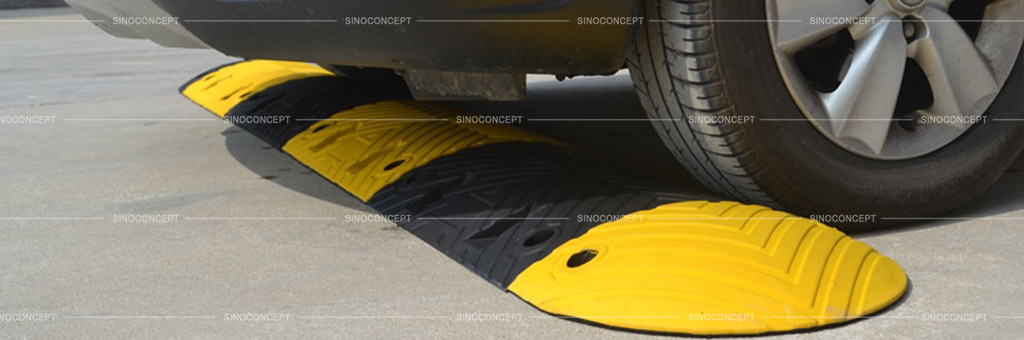 Traffic speed ramp also called safety speed ramp made of vulcanized rubber with black and yellow colours for traffic calming