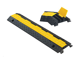 2 channels cable ramps also called floor cable protectors made of vulcanized rubber with yellow PE covers used for floor cable management