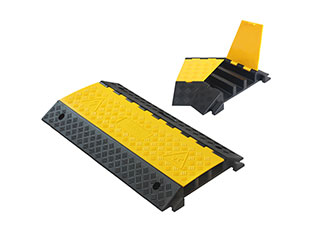 Three channels cable ramp main part and angle part made of black rubber with yellow plastic lids used for floor cable management
