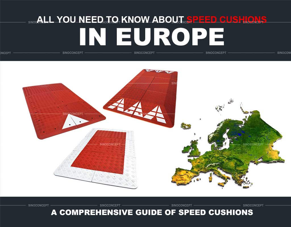 Three types of rubber speed cushions also called speed pillows designed for Europe, the UK and Belgium