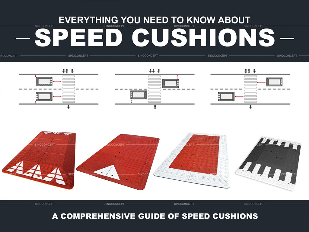 Four different kinds of speed cushions designed for Europe, the UK, Belgium and Australia