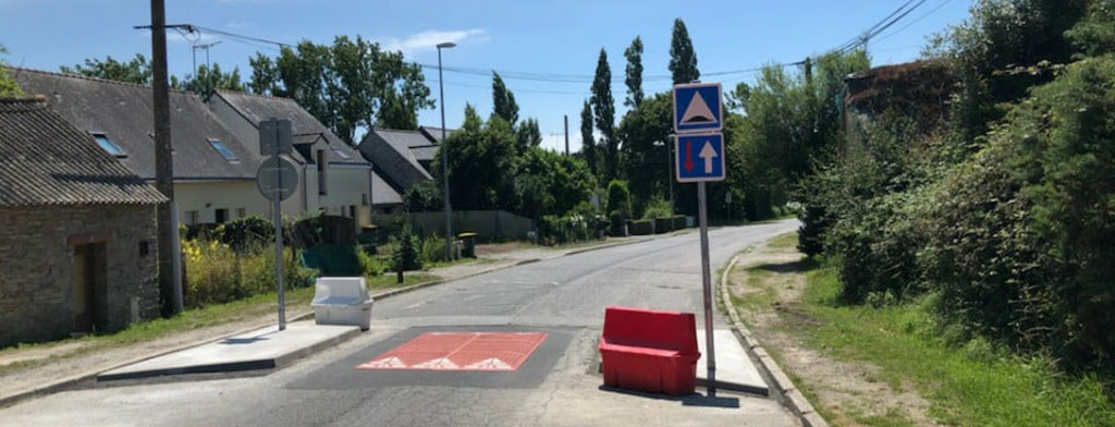 Various traffic calming devices on a road include speed cushion, signpost and barriers