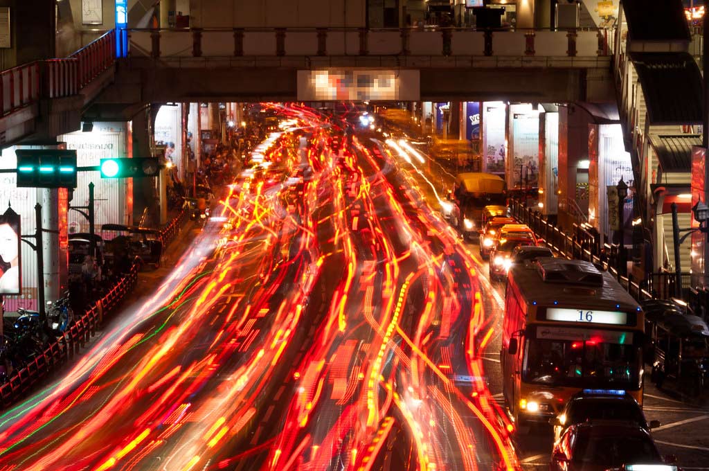 Busy traffic situation at th city streets in the evening