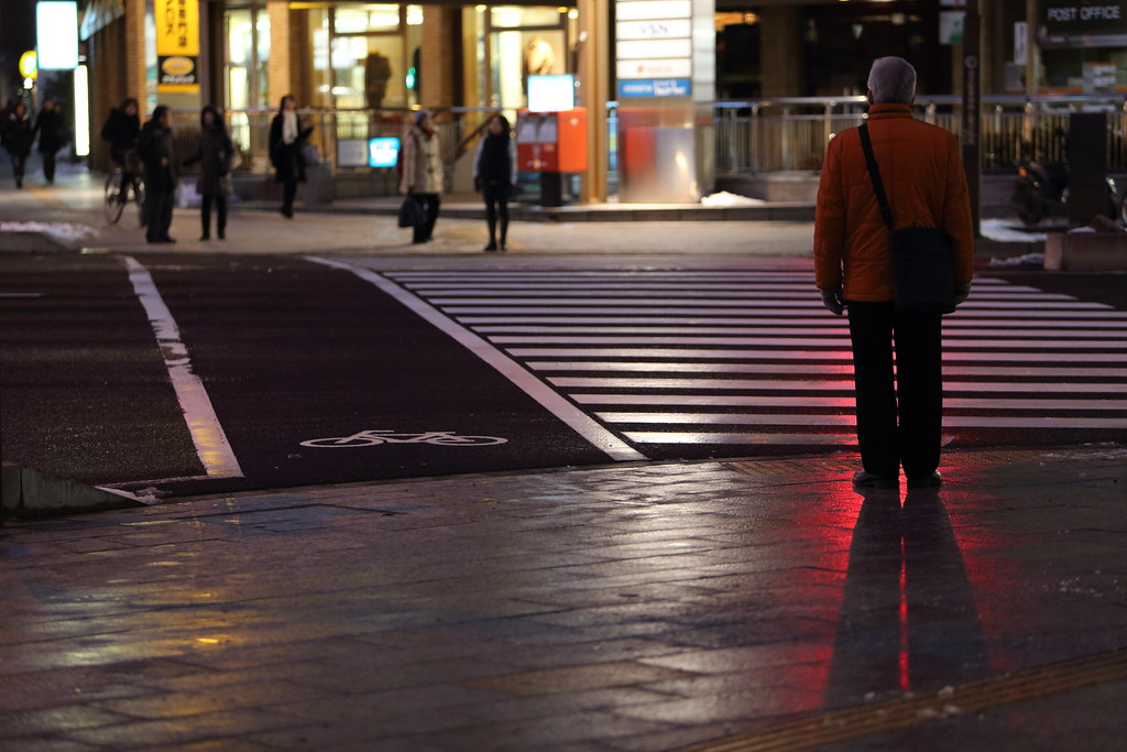 Pedestrians are waiting to pass the road through pedestrian crossings