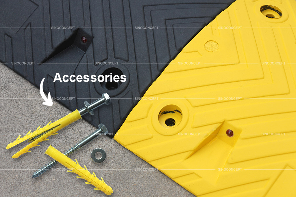 Rubber speed bump and accessories used for easy installation