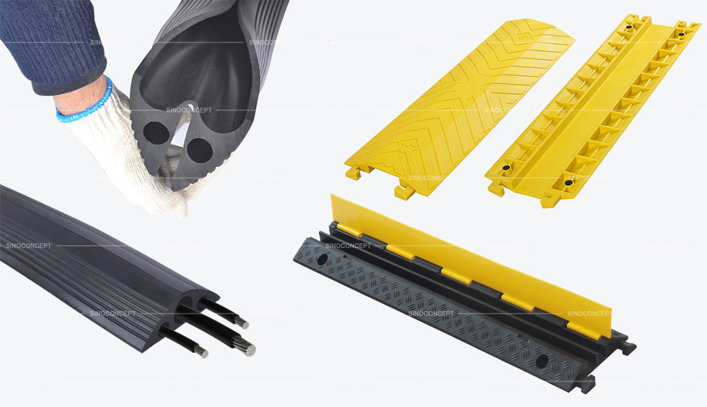 Different types of cable protectors include drop over cable protectors, floor cable covers and etc