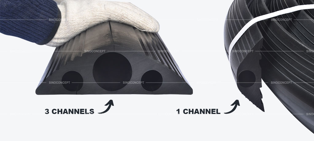 Floor cable covers with three channels and one channel to protect cables