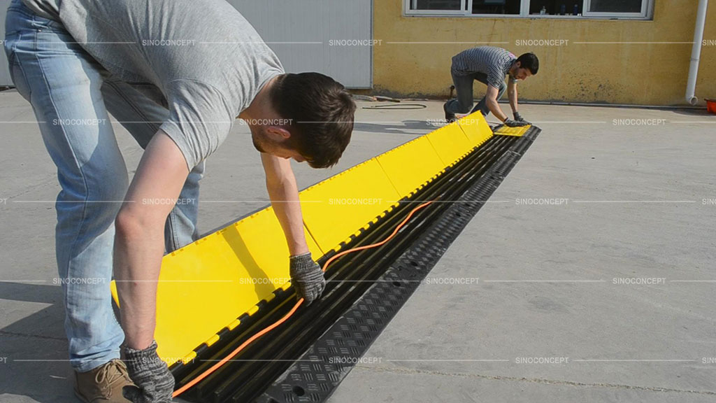 Multiple cable ramps are connected together to protect cables