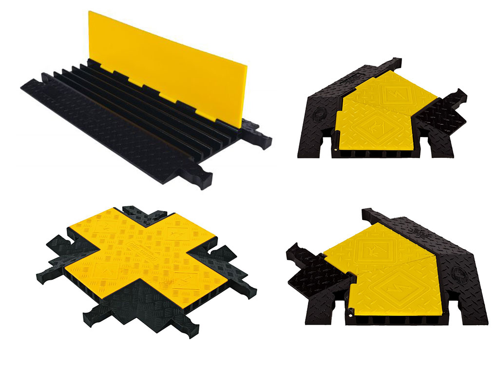 Various shapes of cable protectors with yellow lids