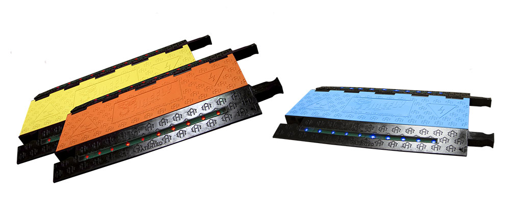 Three cable ramps with side led lights and covers of yellow, orange and blue
