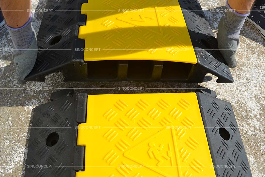 Rubber cable ramps with three channels to protect cables