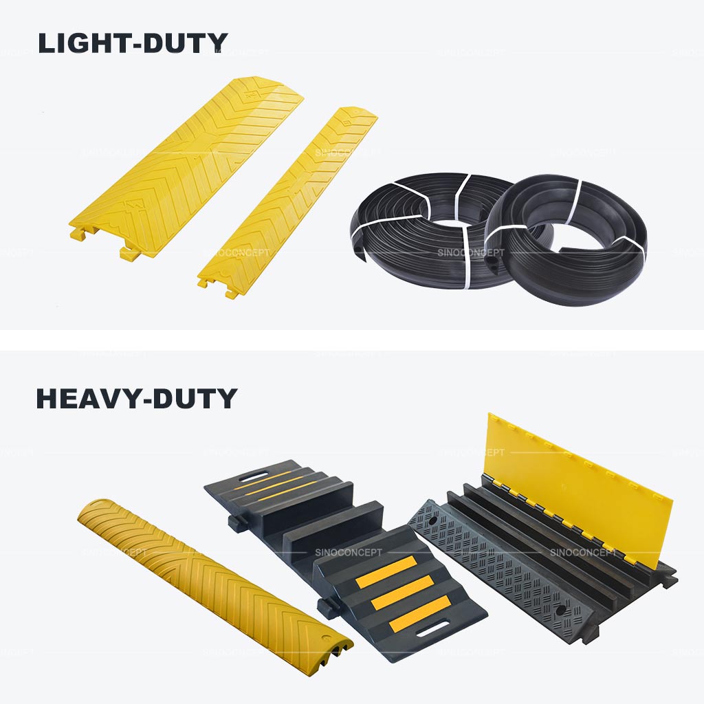 Light duty and heavy duty cable protectors include PU drop over, floor cable cover, hose ramp and etc