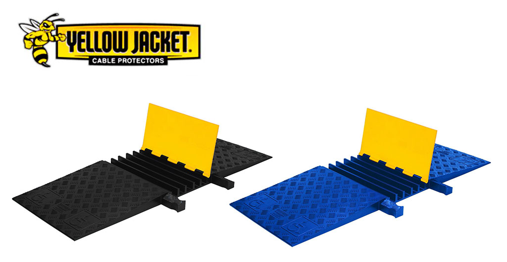 Yellow jacket cable protectors coloured in black and blue, with wide ramps and yellow covers