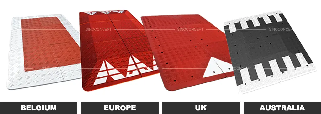 A red and white Belgium style speed cushion, a red Europe style speed cushion with white reflective films, a red UK style speed cushion with white reflective films, and a black and white Australia style speed cushion.