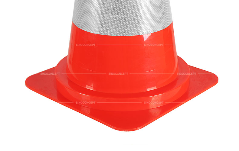 View of base details for 750mm reflective safety cone made of orange PVC as a temporary traffic management equipment