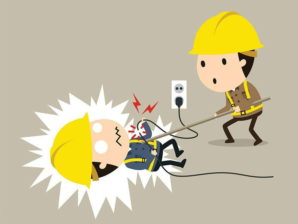 A worker is shocked by broken wires and the other worker is saving him with a wooden stick