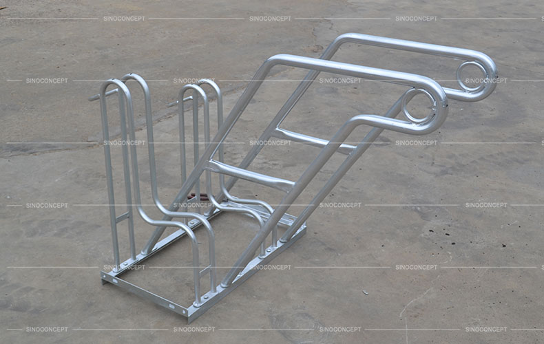 Floor mounted bike rack also called cycle stand made of steel with low and high hoop combination for bikes parking