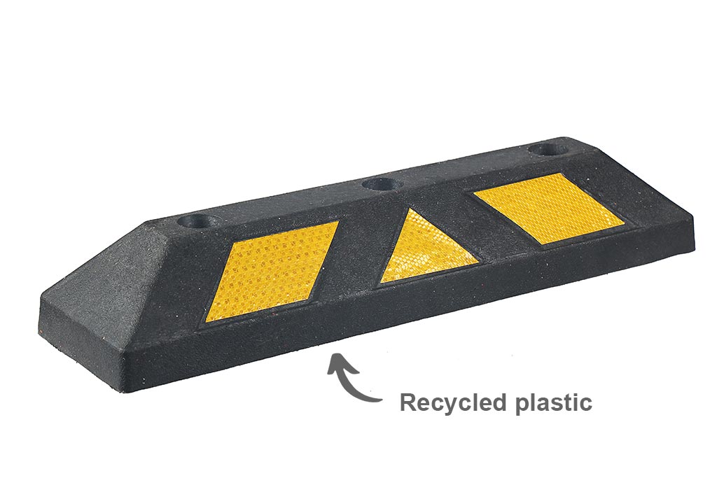 Black car stop made of recycled plastic with yellow reflective films for parking safety