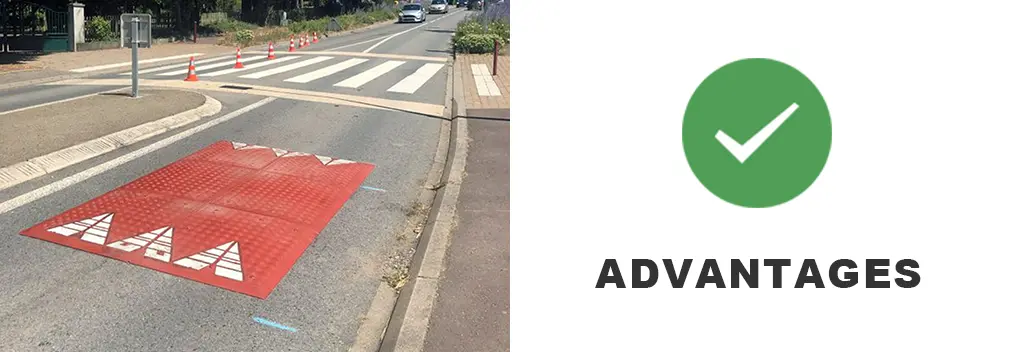 A red Europe speed cushion made of recycled rubber for traffic-calming management.