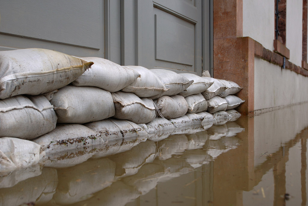Flood sandbag sacks used to prevent flood out of the house
