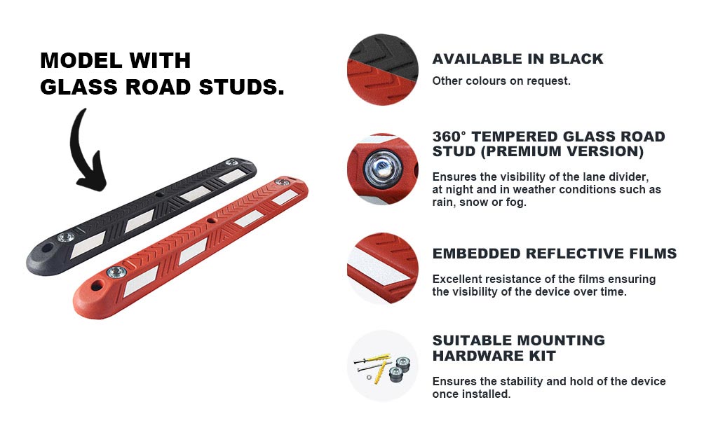 Black and red lane dividers with road studs embedded made by Sino Concept for traffic management
