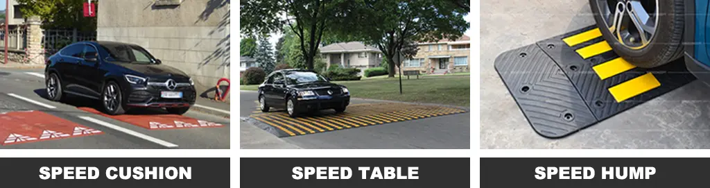 Two red rubber speed cushions, a black and yellow speed table, and a black and yellow speed hump on the road as different devices for traffic control.