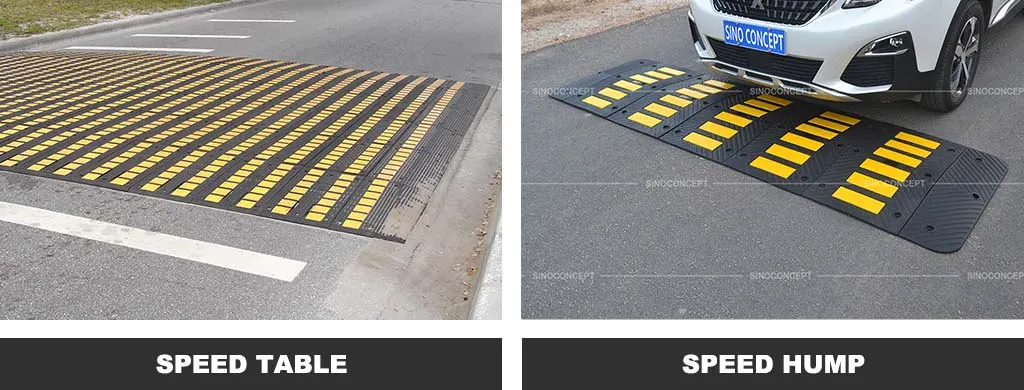 A black and yellow speed table, and a black rubber speed hump with yellow reflective films to reduce vehicles' speed.