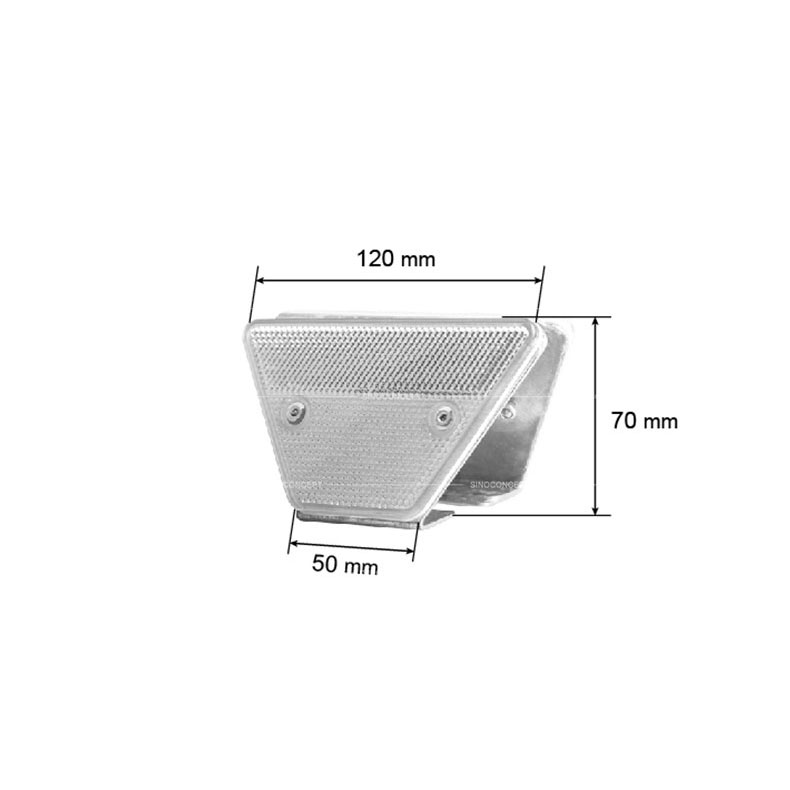 Drawings of a steel-based road guardrail reflector showing dimensions including the top and bottom length and height.