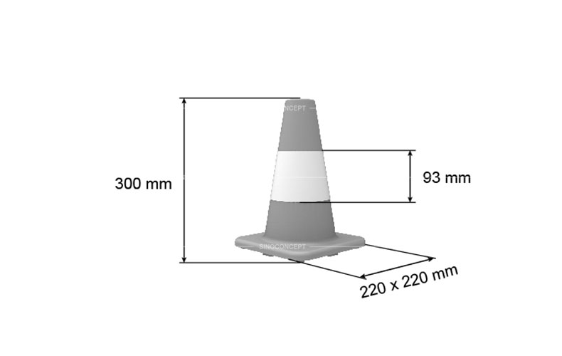 3D drawing of 300mm type traffic cone showing dimensions of the body height, base and reflective tapes