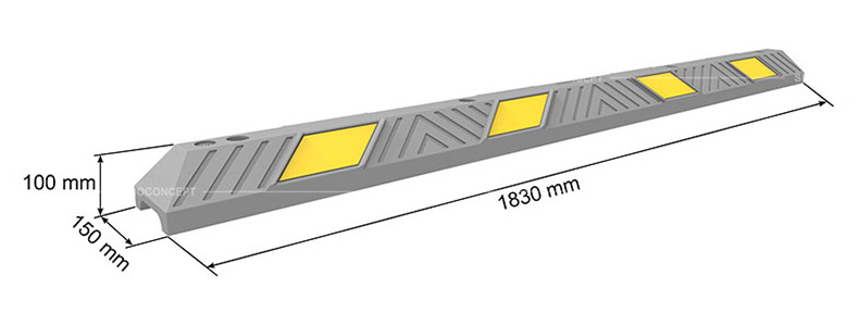 3D drawing of a 1,830mm rubber wheel stop showing specific sizes data