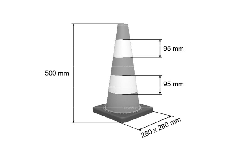 3D drawing of 500mm weighted traffic cone showing dimensions of the body height, base and reflective tapes