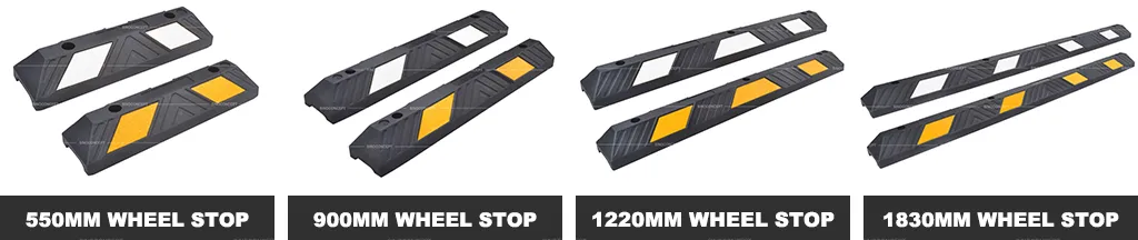 Black wheel stops with yellow or white reflective films in 550mm, 900mm, 1220mm and 1830mm.