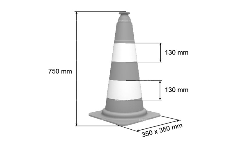 3D drawing of 750mm highway type safety cone showing dimensions of the body height, base and reflective tapes